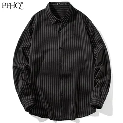 Pfhq 2021 nova moda masculina solta japonês listrado de manga comprida bordado casual camisa de negócios primavera e outono 21d1782