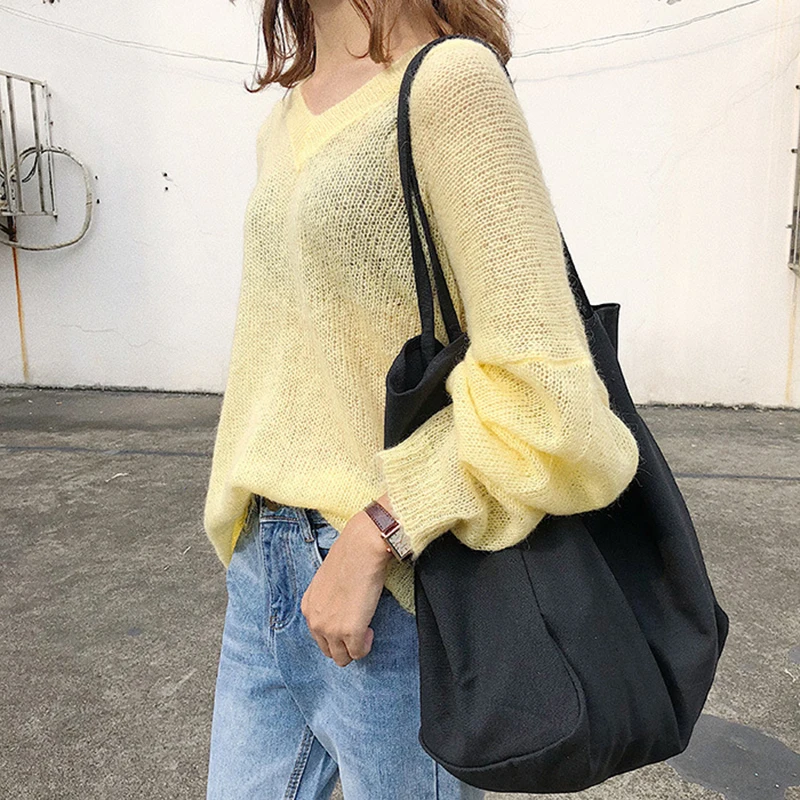 Large Canvas Tote Bag Women Capacity Travel Shopping Handbag Lady Simple Design Shoulder Bag Solid Color Reusable Books Bag