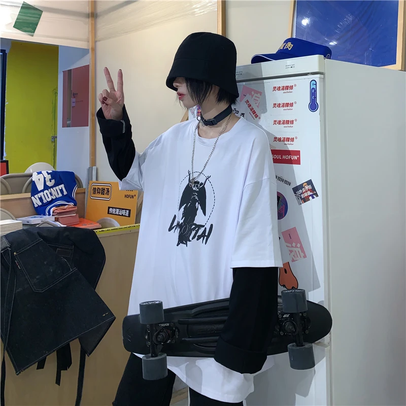 Lychee Harajuku Лоскутная темная ведьма с буквенным принтом женская футболка Поддельные 2 штуки осенние женские футболки женская футболка с вырезом лодочкой