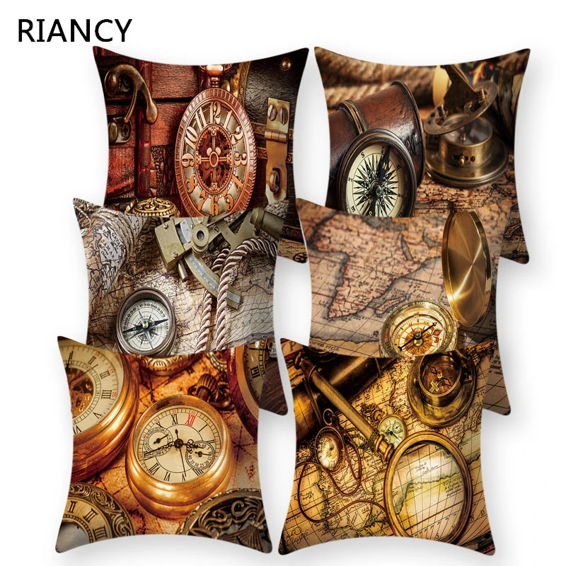Retro Compass Clock Pattern Decorative Cushion Pillowcase Polyester Cover Throw Pillow Sofa Decoration Pillowcover 40954 | Дом и сад