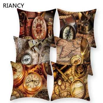

Retro Compass Clock Pattern Decorative Cushion Pillowcase Polyester Cushion Cover Throw Pillow Sofa Decoration Pillowcover 40954