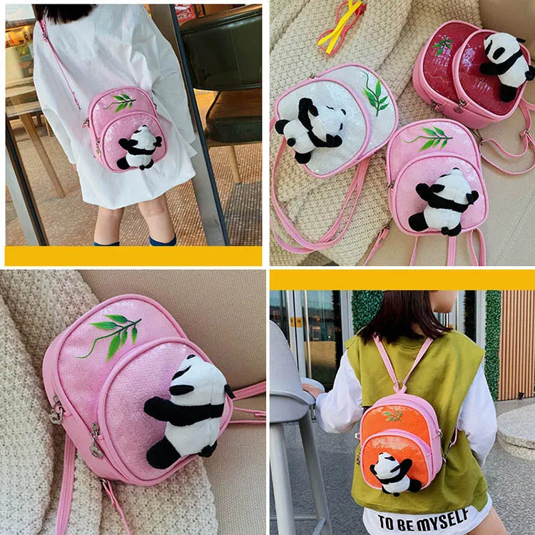 Mini PU leather Crossbody Bag for Little Girls Sequin Gillter School Handbags Teenagers Cute Panda Plush Backpack Pink Black Red (5)