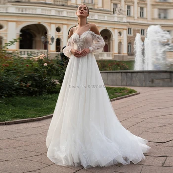 

Off the Shoulder Wedding Dresses 2020 A Line Long Sleeves Lace Appliques Bridal Gowns Illusion Vestidos De Noiva Sweep Train