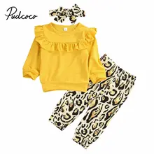 Детская одежда для маленьких девочек трикотажная футболка с длинными рукавами однотонные топы, штаны с леопардовым принтом+ повязка на голову, комплекты одежды из 3 предметов