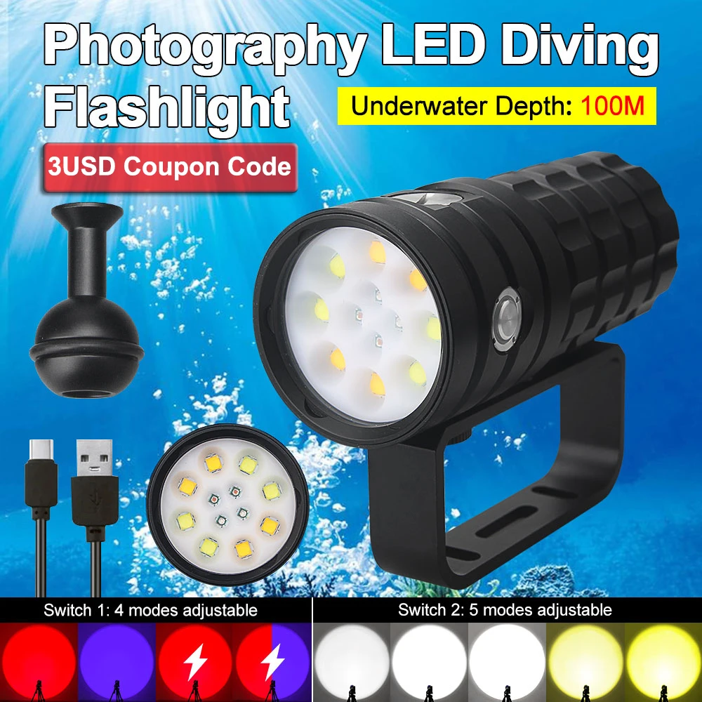 Diving Flashlight Underwater 100M Video LED 25000LM Photography（Battery+Charger） 