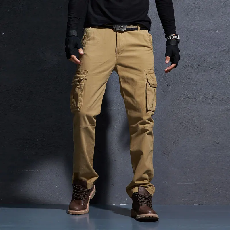 

Fashion Streetwear Men Jeans Straight Fit Casual Multi Pockets Cargo Pants Men Outdoors Khaki Army Green Military Trousers Homme