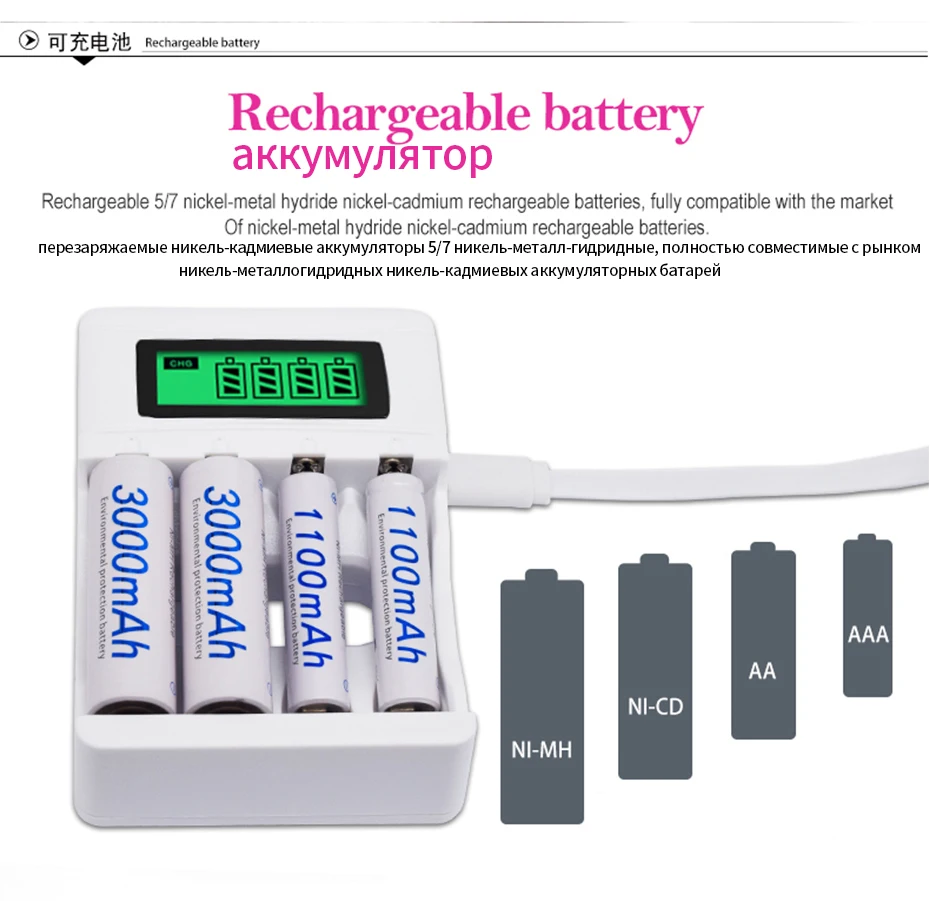 PALO интеллектуальное 4 слота Смарт ЖК-зарядное устройство перезаряжаемое USB зарядное устройство для AA/AAA NiCd NiMh аккумуляторные батареи