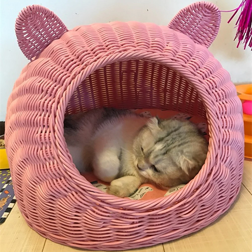  Pet Woven Cave Bed Woven Imitation Wicker Pet House Basket Bed for Cat/Kitten/Puppy/Dog