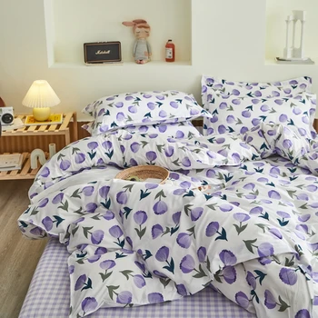 

Pastoral Bedding Set,220×240 Duvet Cover Set With Pillowcase ,210×210 Quilt Cover ,Purple Flower Pattern King Size Blanket Cover