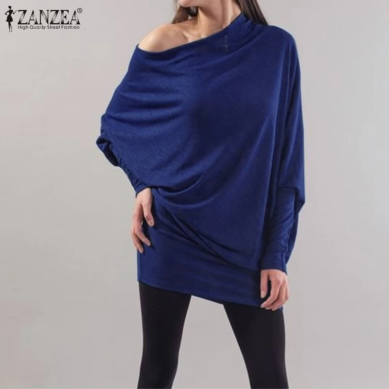 ZANZEA, женская блузка, Женская Сексуальная рубашка с открытыми плечами,, модная женская Повседневная однотонная блузка с рукавами, туника, блузы размера плюс