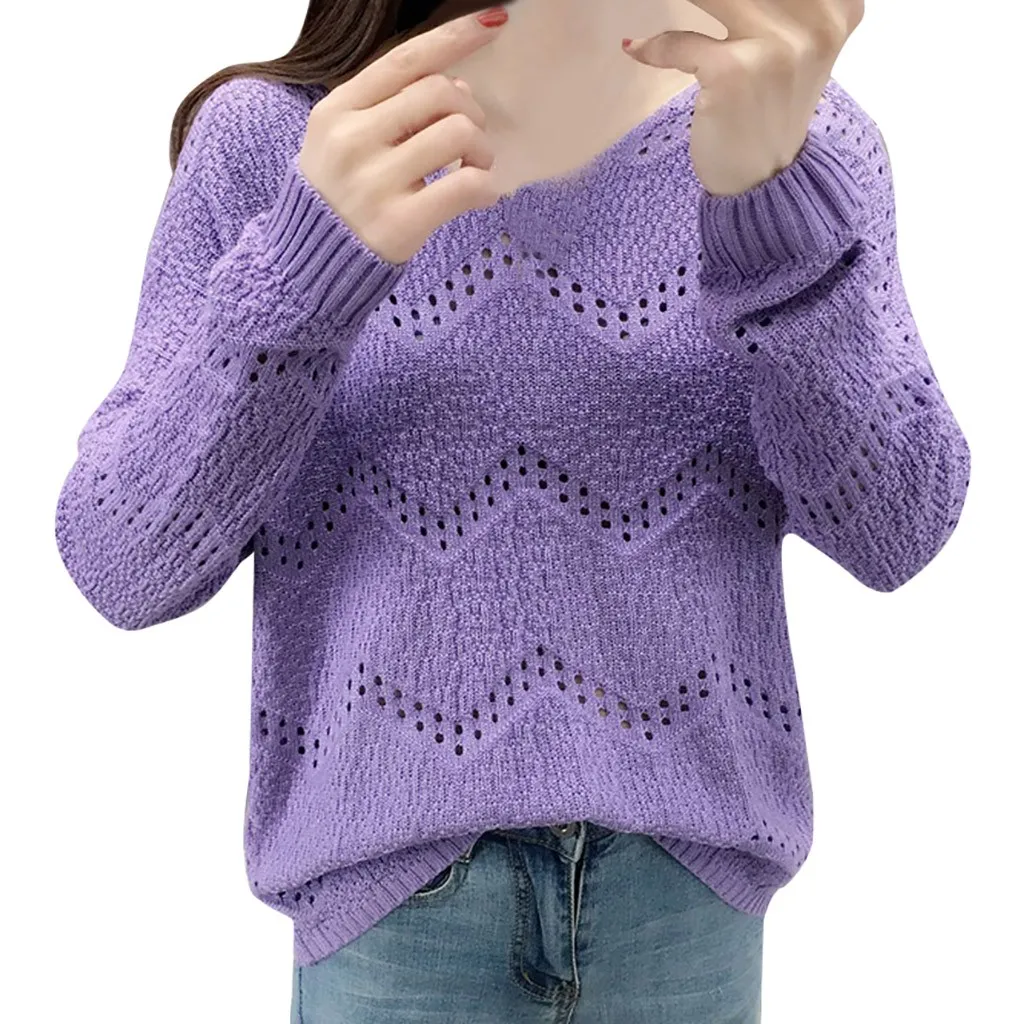 Jaycosin Fashion Women Casual Simple Long Sleeve Knitting V-Neck Sweater Stylish Comfortable Bottoming Hollowed Out Sweater