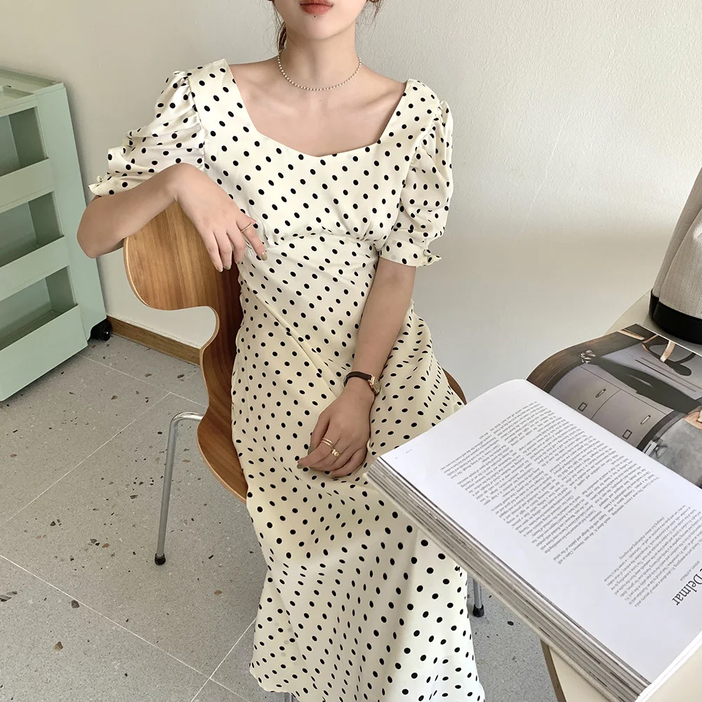

2021 Women Summer Vintage Elegant Dot Long Dress Sashes Square Collar High Waist A-line Midi Sundress