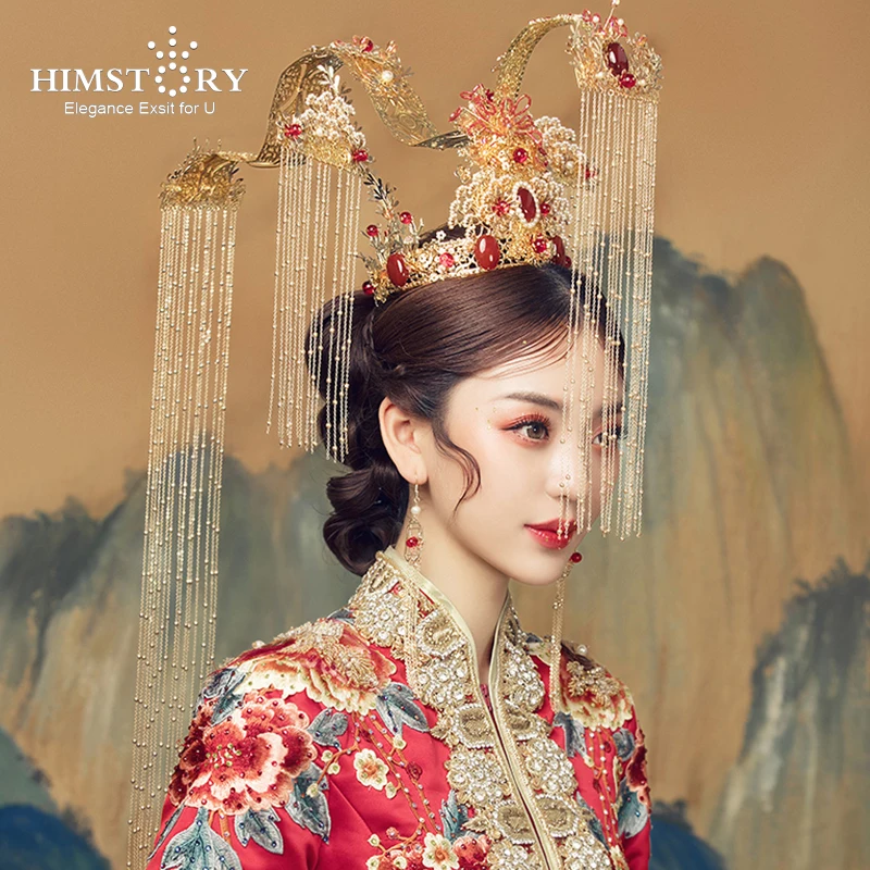 

HIMSTORY Gorgeous Chinese Traditional Princess Phoenix Coronet Long Tassel Hairwear Exaggerated Stage Show Bridal Hair Accessory