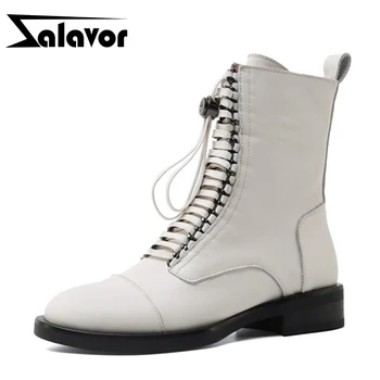 

ZALAVOR Women Fashion Real Leather Ankle Boots Round Toe Square Heel Zipper Cross strap New Outdoor Ladies Footwear Size 34-42