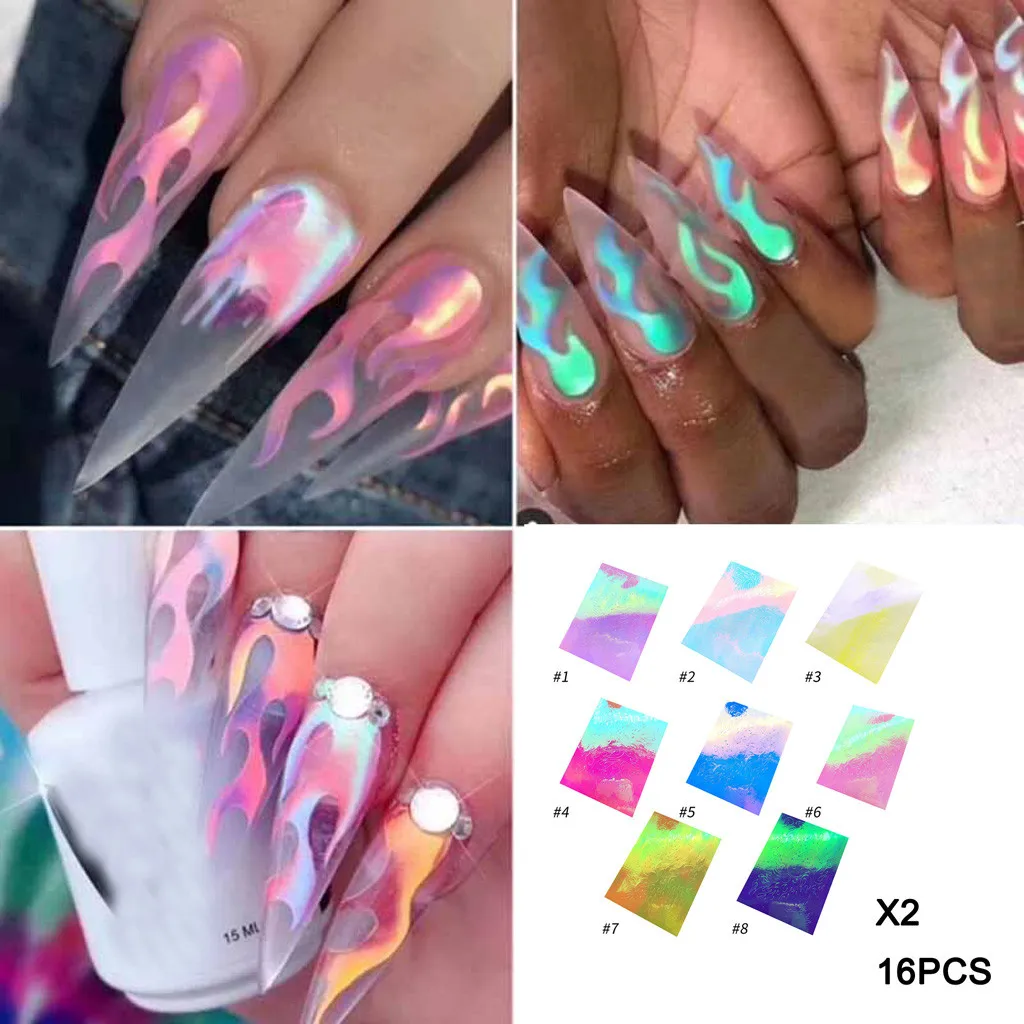 

16 PCS Nail Art Stickers Flame Reflections Tape Adhesive Foils DIY Decoration Water Slide Nail Art Decals Manicure Holographic