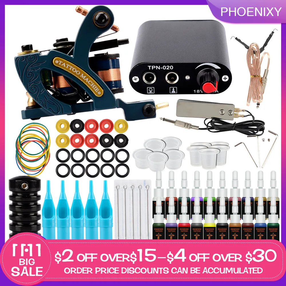 Preise Komplette Tattoo Kit 1 Spulen Pistolen 4 Farben Schwarz Pigment Sets Power Tattoo Anfänger Grips Kits Körper Permanent Make Up Tattoo set