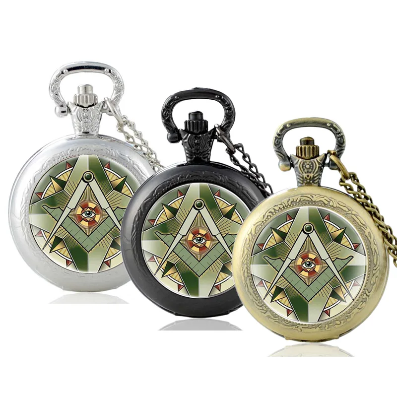 

Antique Bronze The Eye of God Glass Cabochon Quartz Pocket Watch Vintage Men Women Masonic Pendant Necklace Chain Hours Clock