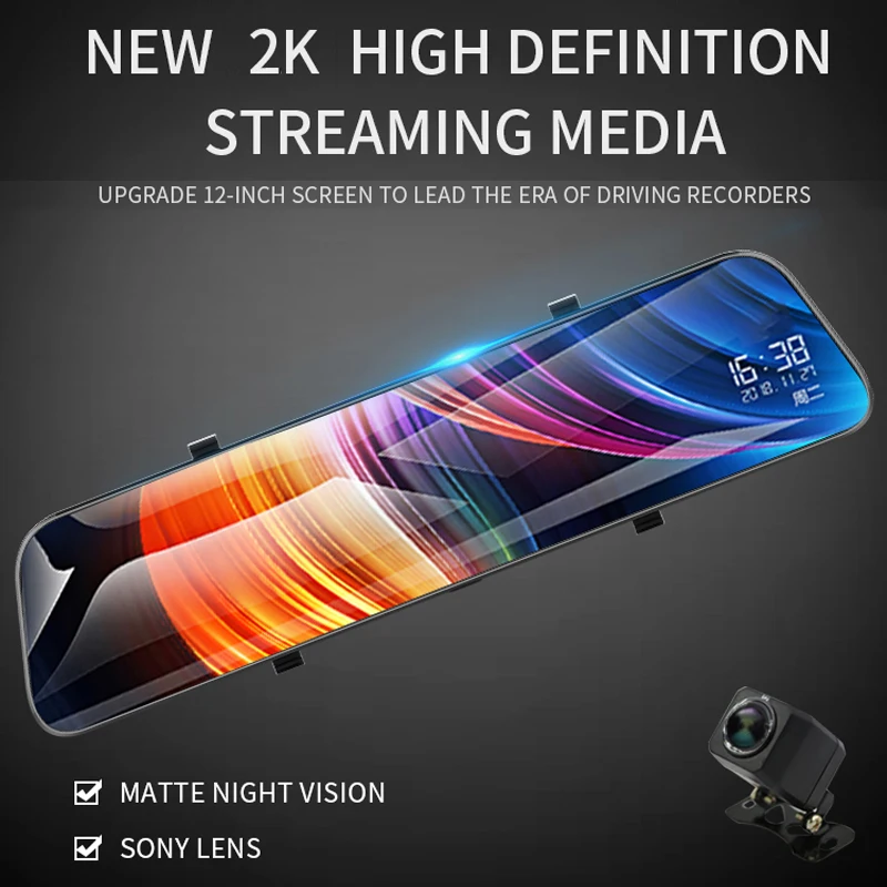 

New 12" Touch Screen 2K Full HD Car DVR Dash Camera Dual Lens Video Stream Media Recorder Rearview Mirror 1080P Back Camera