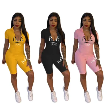 

Africa Sexy Pink Letter Print Zipper Short Sleeve Shorts Bodysuit Playsuit Casual Women Jumpsuit Sexy Skinny Shorts Rompers
