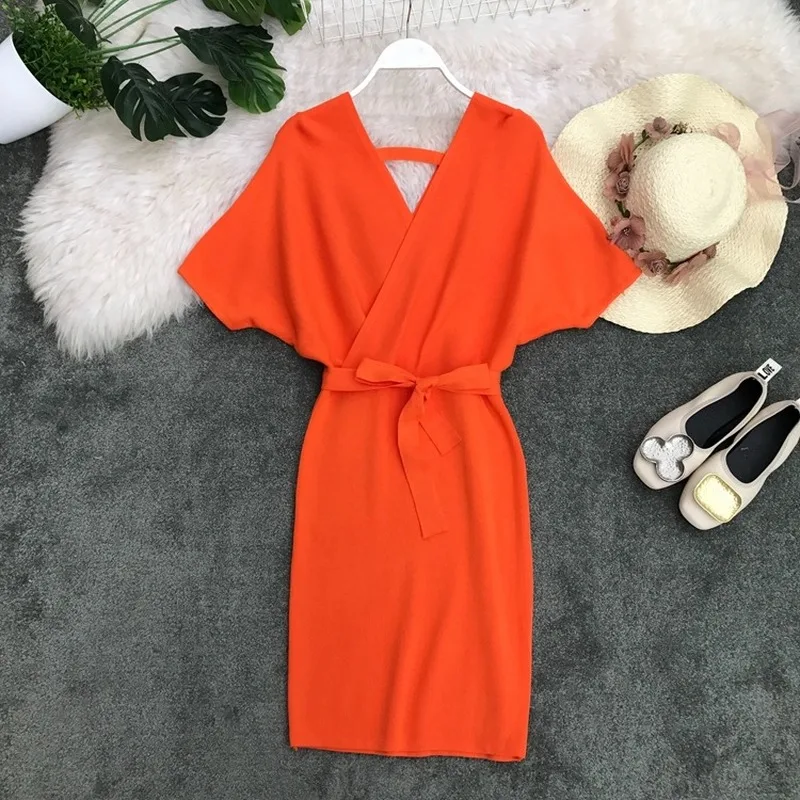 Женское трикотажное платье с V-образным вырезом рукавом летучая мышь | Женская