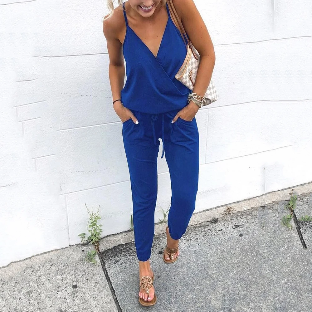 Cross V Neck Sling Summer Jumpsuit Loose Elastic Waist Casual Streetwear Clothes Sleeveless Backless Pencil Women Rompers Femme
