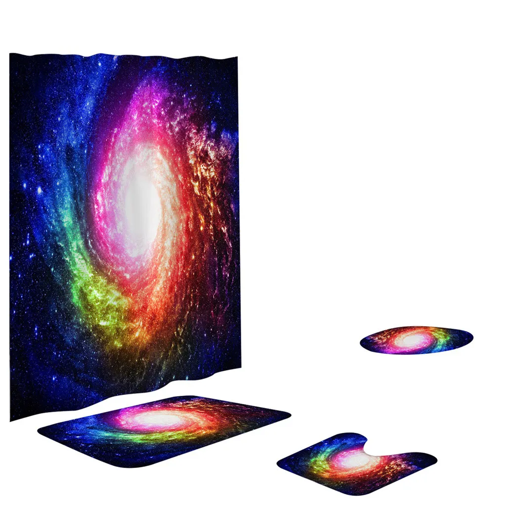

4Pcs Non Slip Cosmic Starry Sky Pattern Toilet Soft Polyester Cover Mat Set Bathroom Accessories Shower Curtain Bath Rug Mat Set