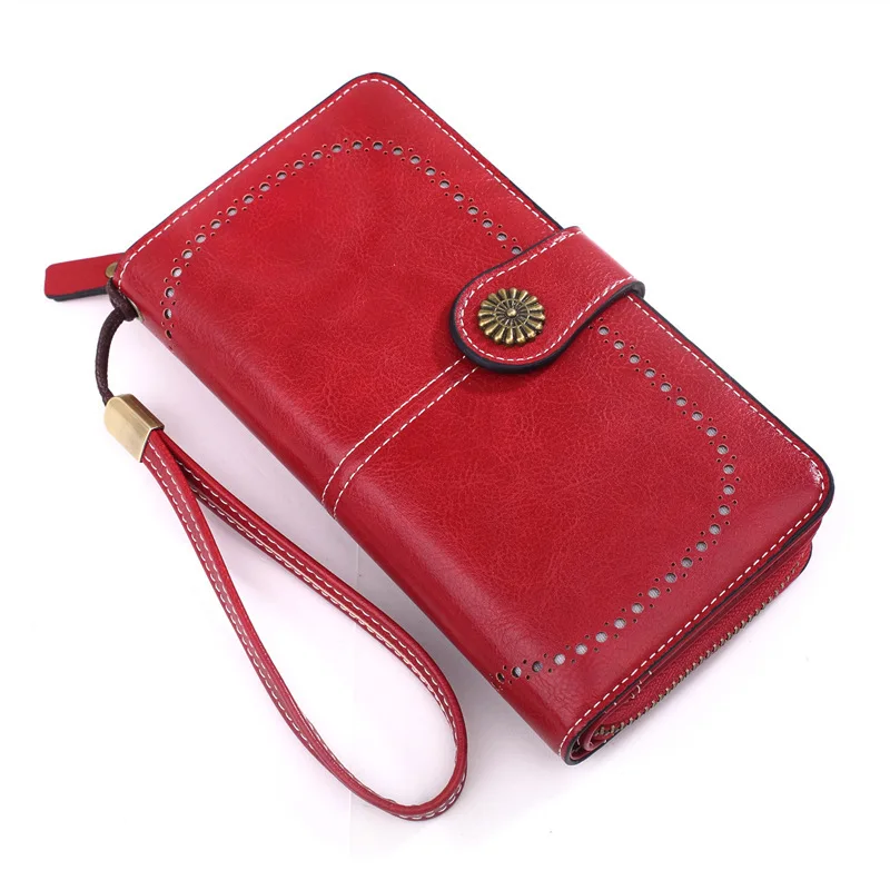 

New Style Wallet Women's Retro Oil Wax Leather Mobile Phone Bag Long Hollow out Large Wallet Oil Leather Card Holder Y886