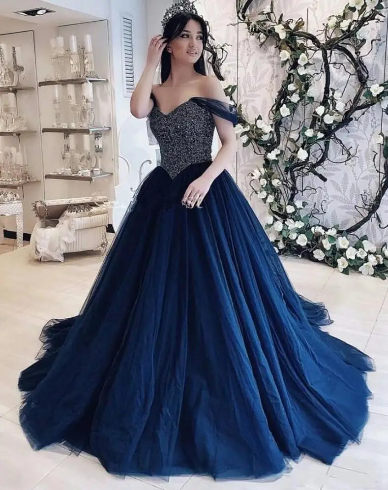 Темно-синее бальное платье Бальные платья с открытыми плечами основной бисером элегантный для выпускного вечера платья для сладкого 15 Vestido De Fiesta - Цвет: as picture