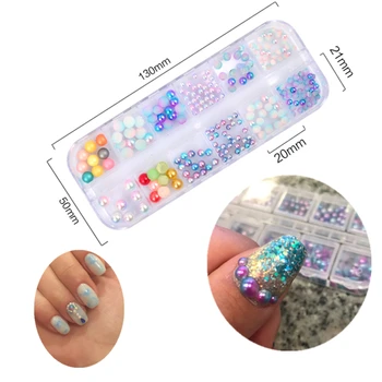 

1box Mixed Size Beads Nail Art Mermaid Gradient Ball Pearl Circle Semicircle 3D DIY Nail Studs Rhinestones for Nail Decor