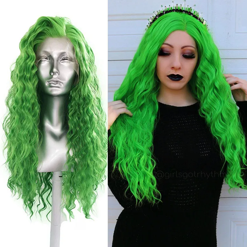 

RONGDUOYI Green Long Curly Synthetic Lace Front Wigs for Women with Side Part Pre Plucked Loose Curly Wig Heat Friendly Fiber