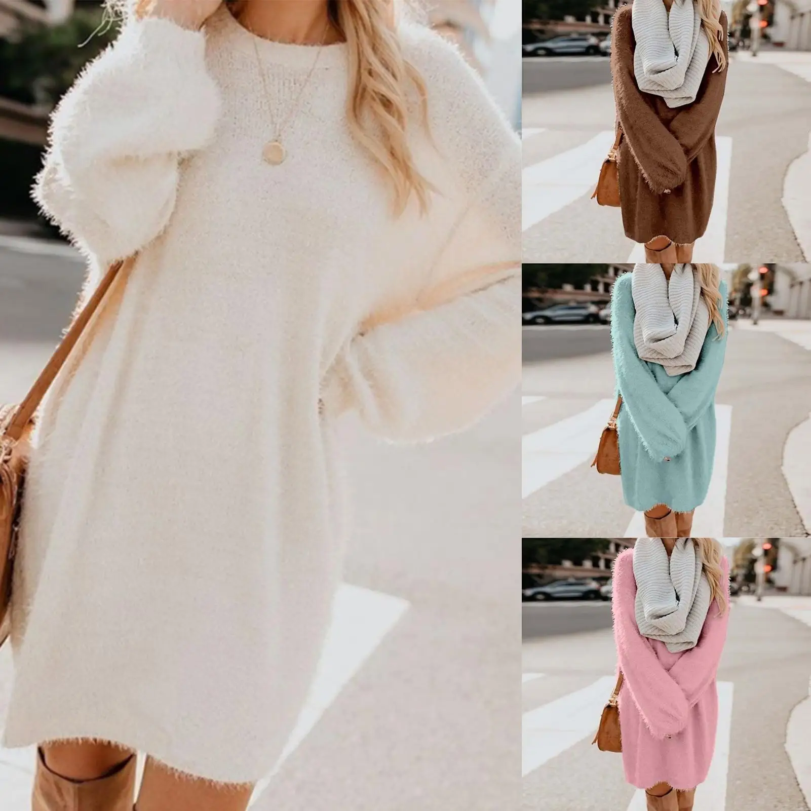 

Chic Women Autumn Solid Color O Neck Sweater Fluffy Loose Knee-length Dress