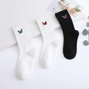 

1Pair Cute Butterfly Print Embroidery Women's Long Socks Casual Girl Student Breathable Harajuku Style Warm Autumn Winter Sock