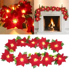 Christmas Decoration Garland Red Flower Fruit Light String 10 LED Poinsettia Flower Decor Garland Xmas Indoor Outdoor