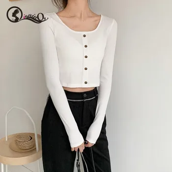 

Women Autumn Sweater Chic Tops Button Solid Color Slim Long Sleeved Pullobers Square Collar Korean Style Casual Sweater