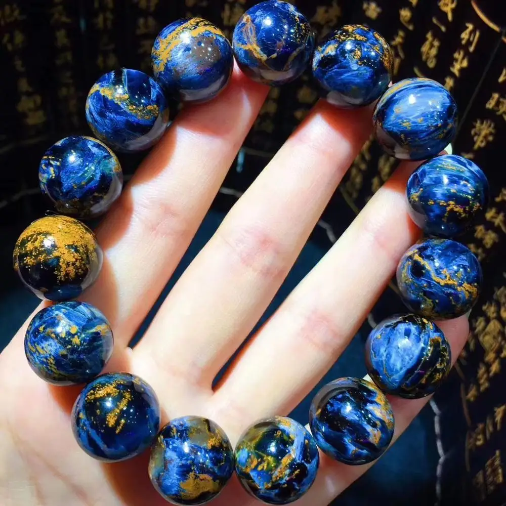 

Natural Pietersite Blue Yellow Gemstone Round Beads Stretch Healing Bracelet 16mm From Namibia Certificate AAAAAA