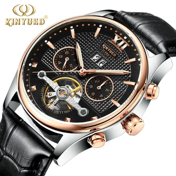 

KINYUED Fashion Casual Automatic Mechanical Multifunctional Male Wristwatch Leather Strap Tourbillon Skeleton Relogio Masculino