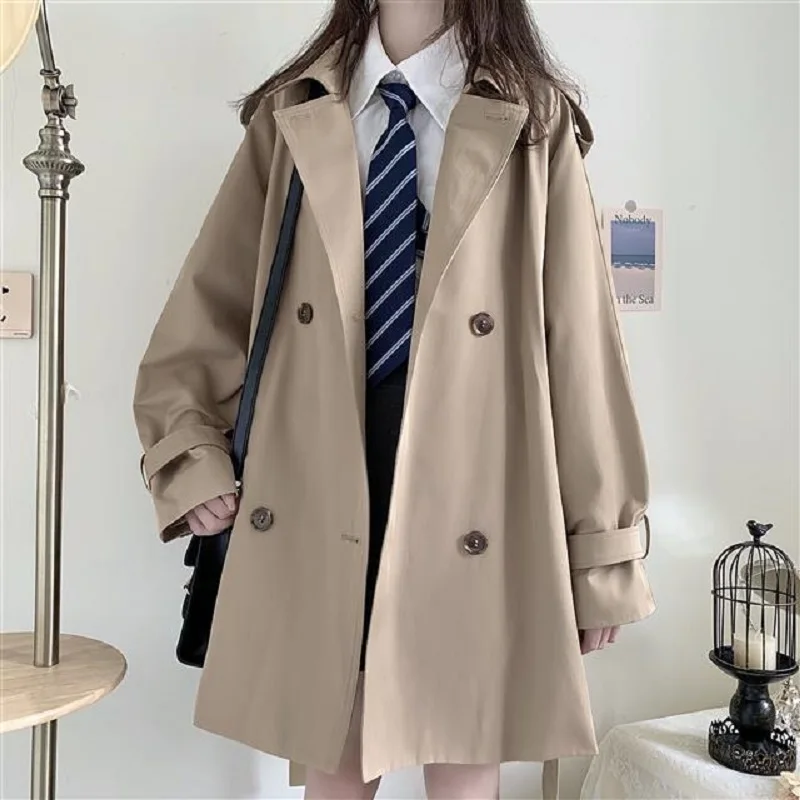 Gabardina larga estilo Harajuku preppy para mujer, abrigo holgado de doble botonadura con cuello de polo, estilo japonés, abrigo vintage coreano