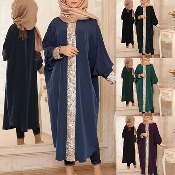 

Dubai Arab Islam Women Muslim Dress Casual Loose Sequin Kimono Long Robe Turkish Long Sleeve Abaya Desses Jubah Maxi Hijab Dress