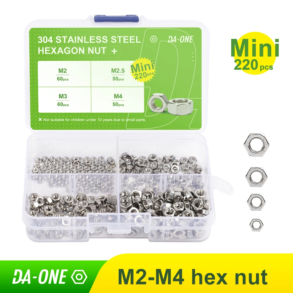 

DA-ONE 220pcs Mini Hex Hexagon Nuts Assortment Kit M2 M2.5 M3 M4 Stainless Steel Metric Hex Nut Set DIN934 Metalworking