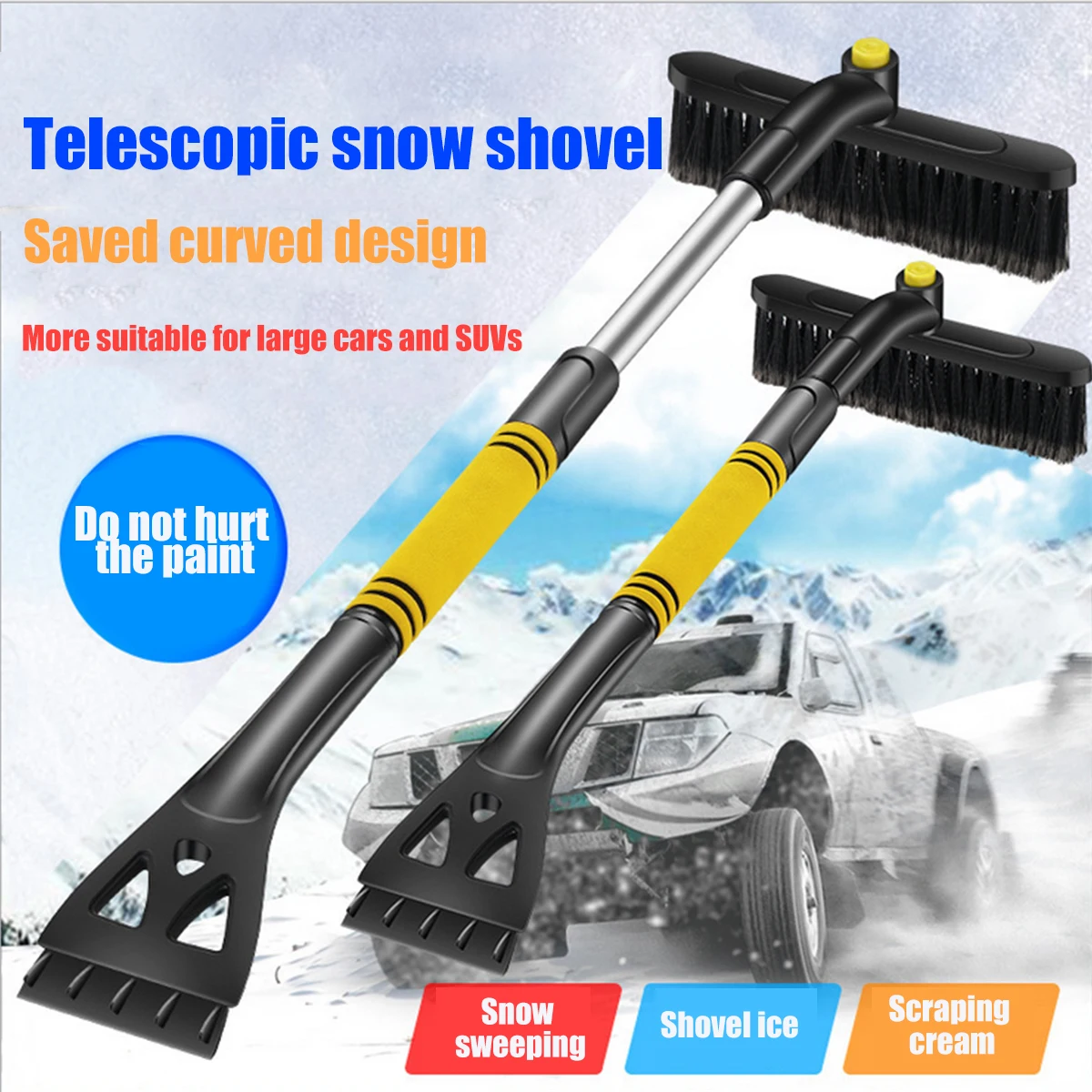 Extendable Snow Brush with Squeegee & Ice Scraper Foam Grip T Shape