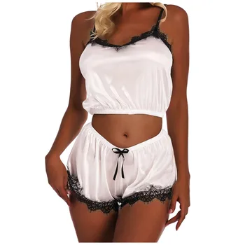 

sleeveless top underwear set home clothes sexy lingerie women silk lace casual loose solid pajamas satin2 pieces pyjama femme #C