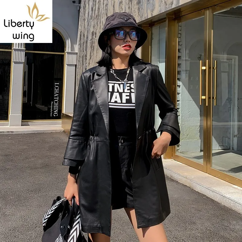 

Office Ladies Genuine Leather Sheepskin Slim Long Jackets Petal Sleeve Single Button Lapel Female Medium Length Coats Plus Size