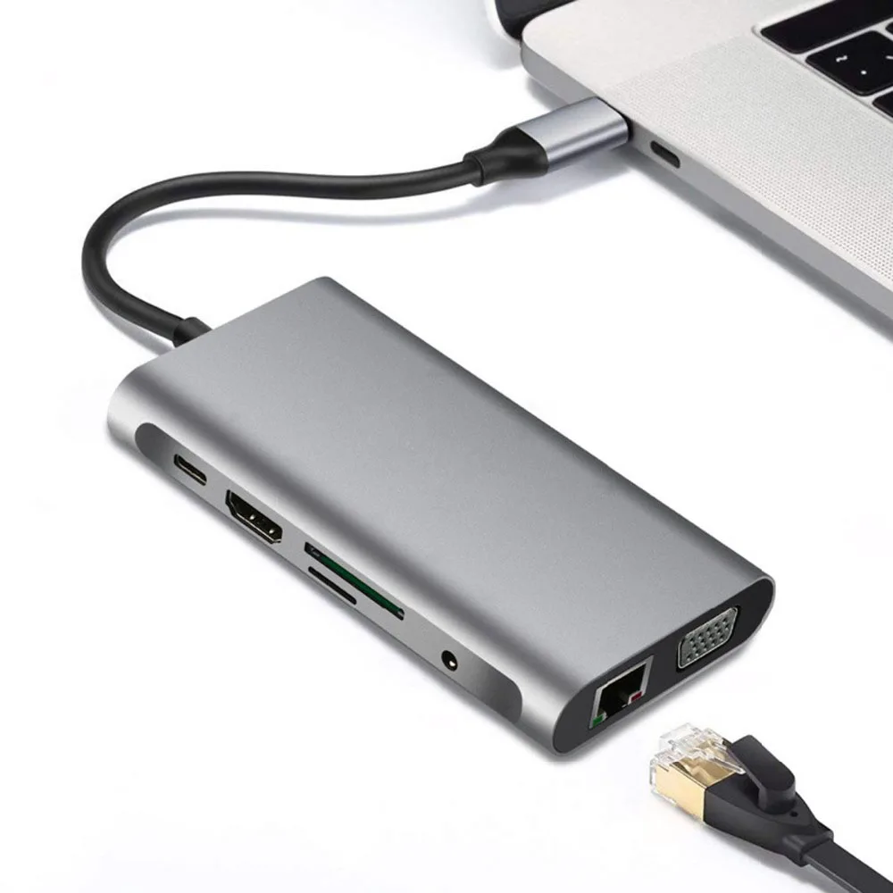 USB C Hub адаптер 10 в 1 с Ethernet HDMI VGA 3 0 порт s 2 зарядки|Док-станции для ноутбуков| |