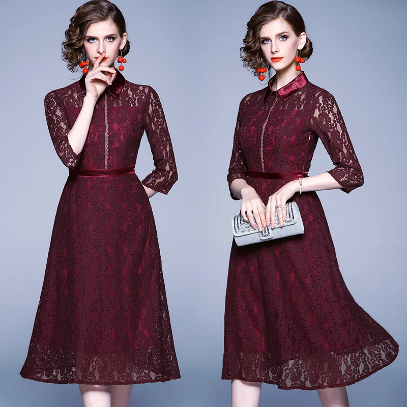 Новое Осеннее Красное Кружевное рождественское платье средней длины Vestidos Invierno