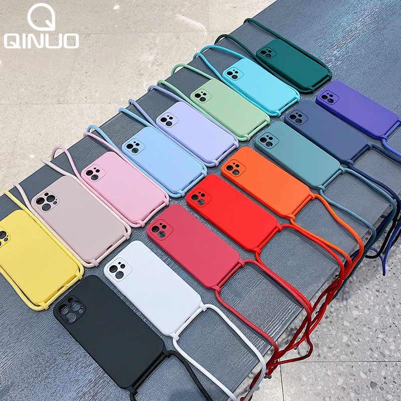 Crossbody Lanyard Liquid Silicone Case For iPhone 13 12 11 Pro Max XS X XR SE2 8 7 Plus Holder Neck Strap Cord Soft Color Cover apple iphone 12 mini  case