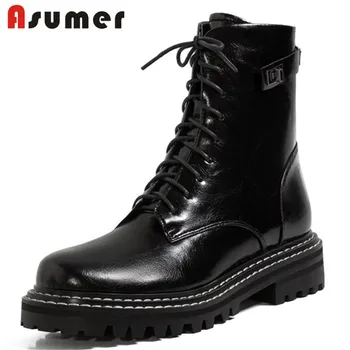 

Asumer 2021 new arrive genuine leather shoes women's motorcycle boots thick bottom square heel fashio ankle boots women