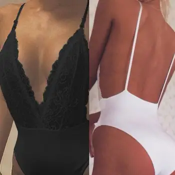 

Sexy Women Summer Solid Color Lace Deep V Backless Sleeveless Bodysuit Monokini Lace DeepV Backless Sleeveless Bodysuit Monokini