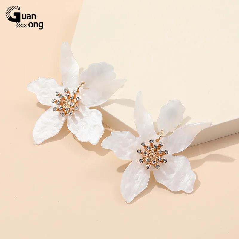Flower Earrings Long Acrylic Rhinestone Drop for Women Korean Summer Gifts