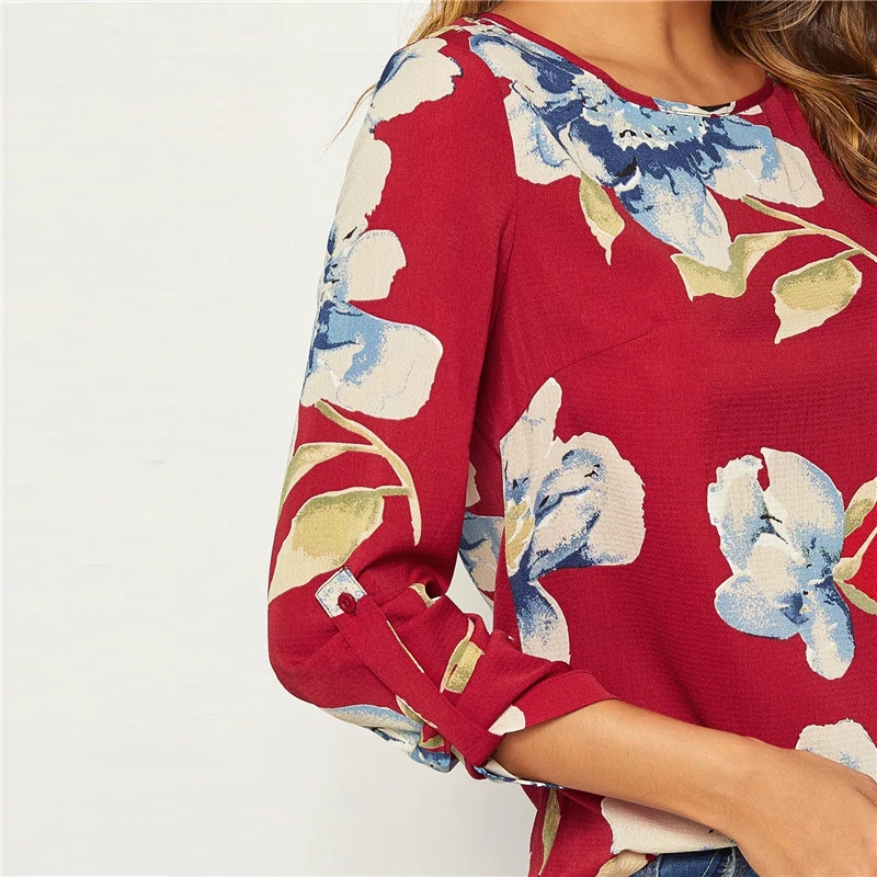 SHEIN, красный рулон, рукав-вкладка, цветочный принт, блузка, женские топы, весна-осень, круглый вырез, с закатанными рукавами, повседневные блузки