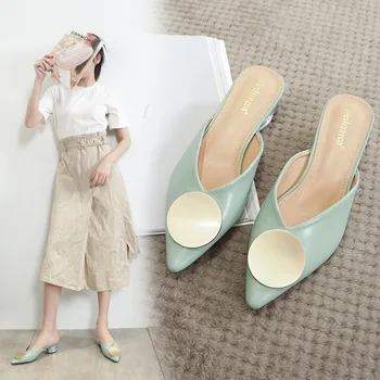 

Cover Toe Mules For Women 2020 Med Ladies' Slippers Luxury Slides Female Shoes Soft Pointed Designer New Summer PVC Fabric